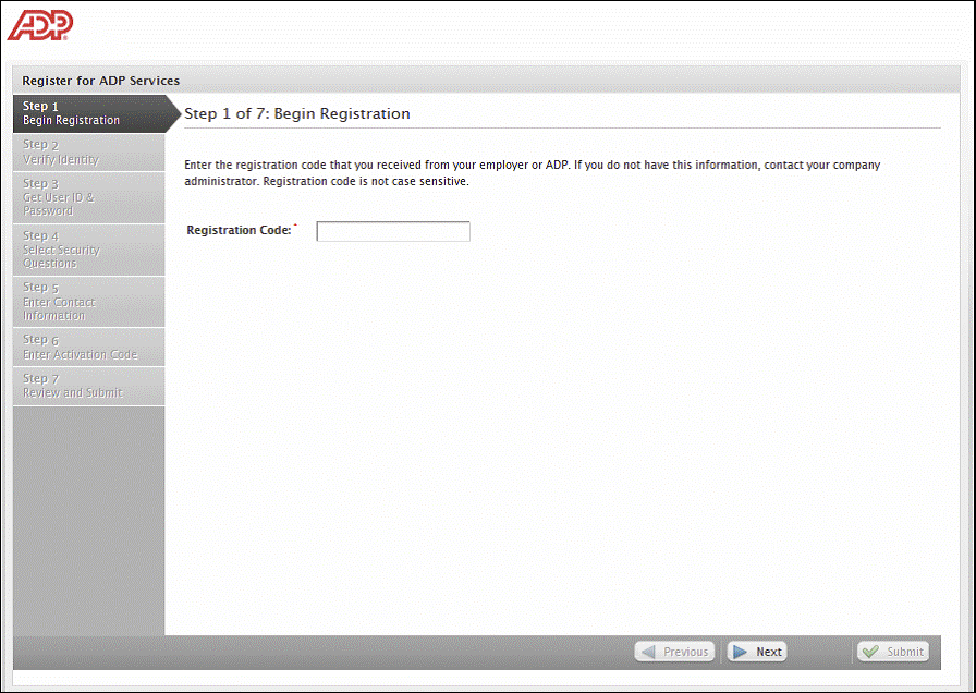 Screenshot of Self Service Registration page