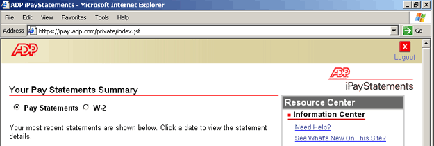 Screenshot of pay statements and W-2 radio buttons