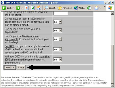 Screenshot of third page of W-4 Assistant questionnaire